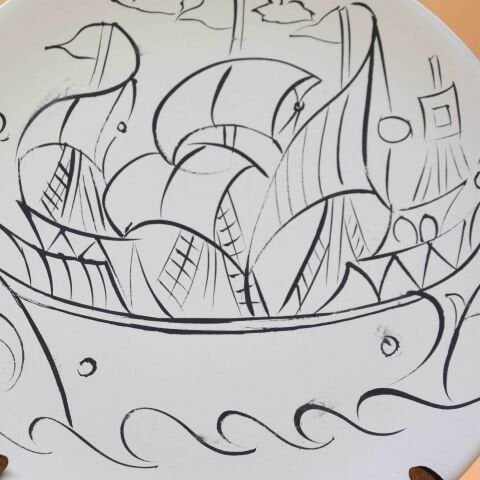 Boyanabilir 18cm Tahrirli Çini Bisküvi Tabak Gemi Yelkenli Kadırga Desenli