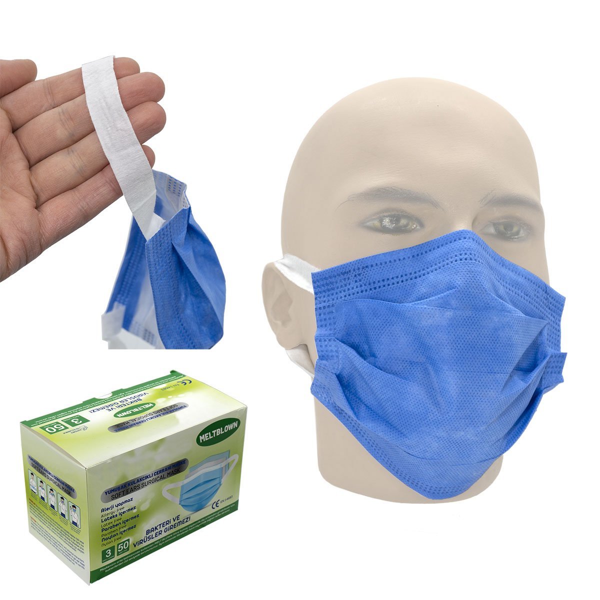 Medikal Cerrahi Kalın Lastikli Yüz Maskesi 3 Katlı Burun Telli 50 Adet