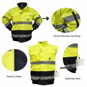 Oxford Kumaş İş Güvenlik Pilot Mont Çift Renk Kolu Çıkmalı - XXL