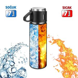 6003 Kupa Bardaklı Paslanmaz Çelik Termos Seti 500 ml - Siyah