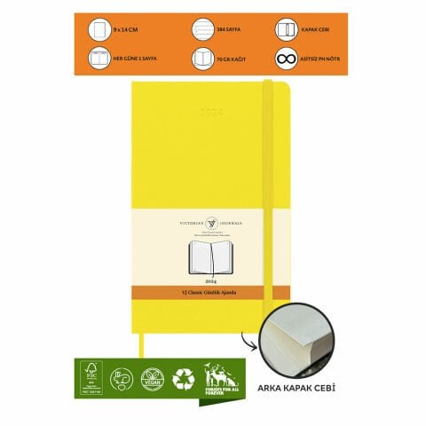 Victoria's Journals Classic 2024 Sert Kapak Günlük Ajanda 9x14 Sarı 123-9191