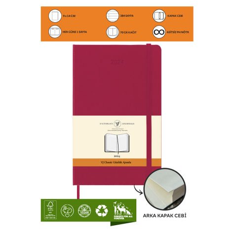 Victoria's Journals Classic 2024 Sert Kapak Günlük Ajanda 9x14 Fuşya 123-9192
