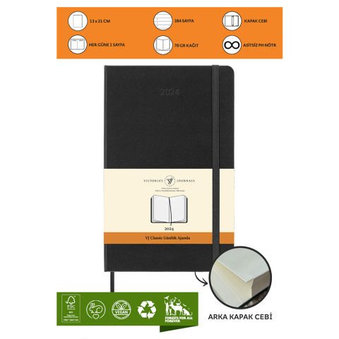 Victoria's Journals Classic 2024 Sert Kapak Günlük Ajanda 13X21 Siyah 123-9169