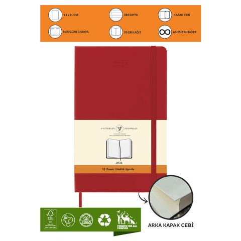 Victoria's Journals Classic 2024 Sert Kapak Günlük Ajanda 13X21 Kırmızı 123-9171K