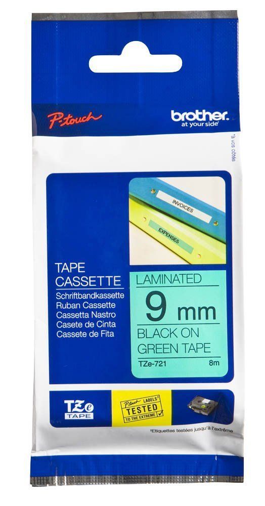 Brother TZ-Tape 9 mm Yeşil Üzerine Siyah Etiket 9TZE721