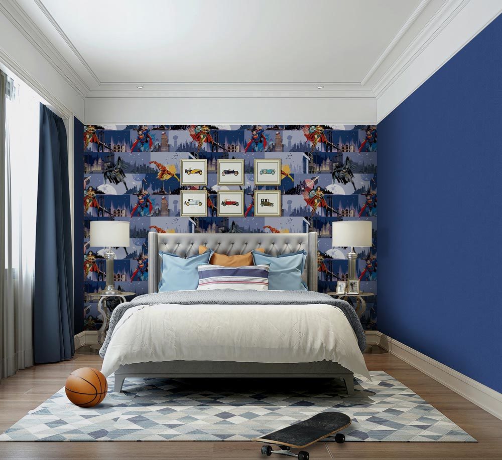 Ada kids 8921-1 wallpaper-collection pattern-koyu mavi-çok renkli-modelli-erkek-çocuk-oyun odası-fon