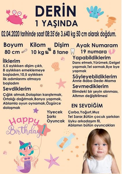 1 Yaş Kız Temalı Kişiye Özel Anı Ayaklı Pano 42 cm