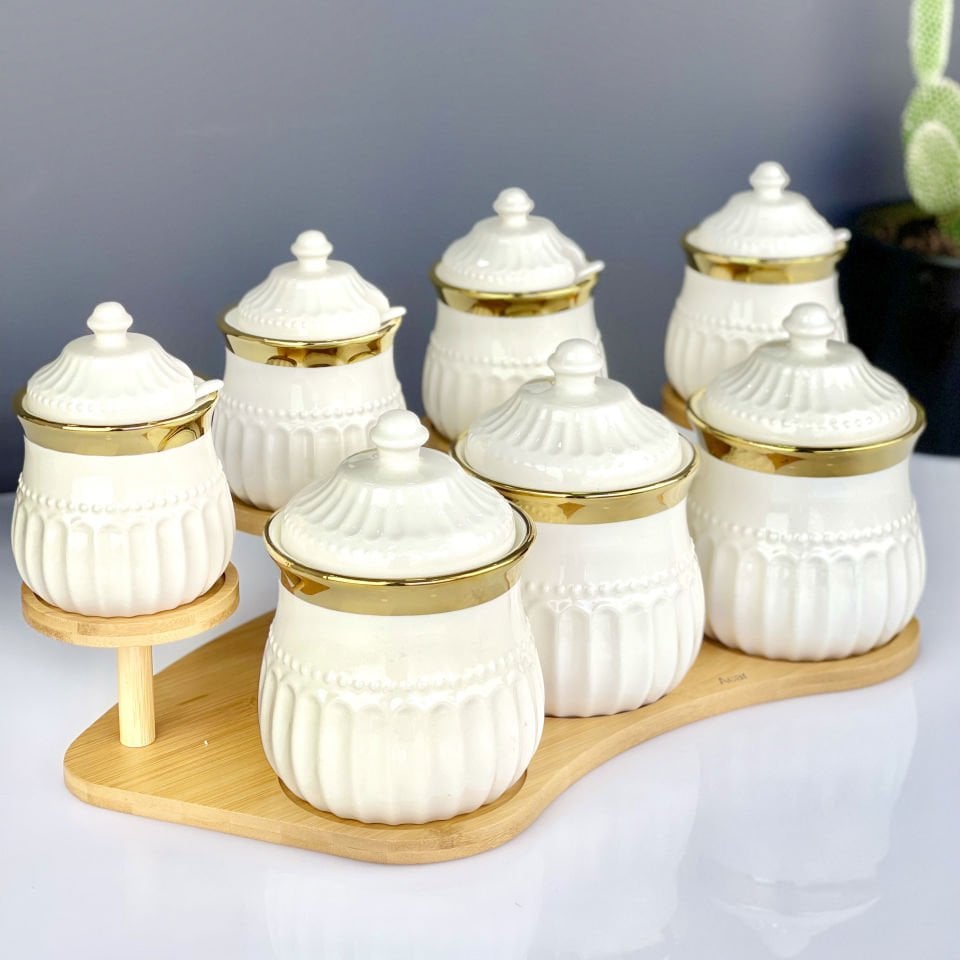 Lüx Gold Yaldızlı 7 Li Bambu Porselen Standlı Bonjaita Baharat Takımı
