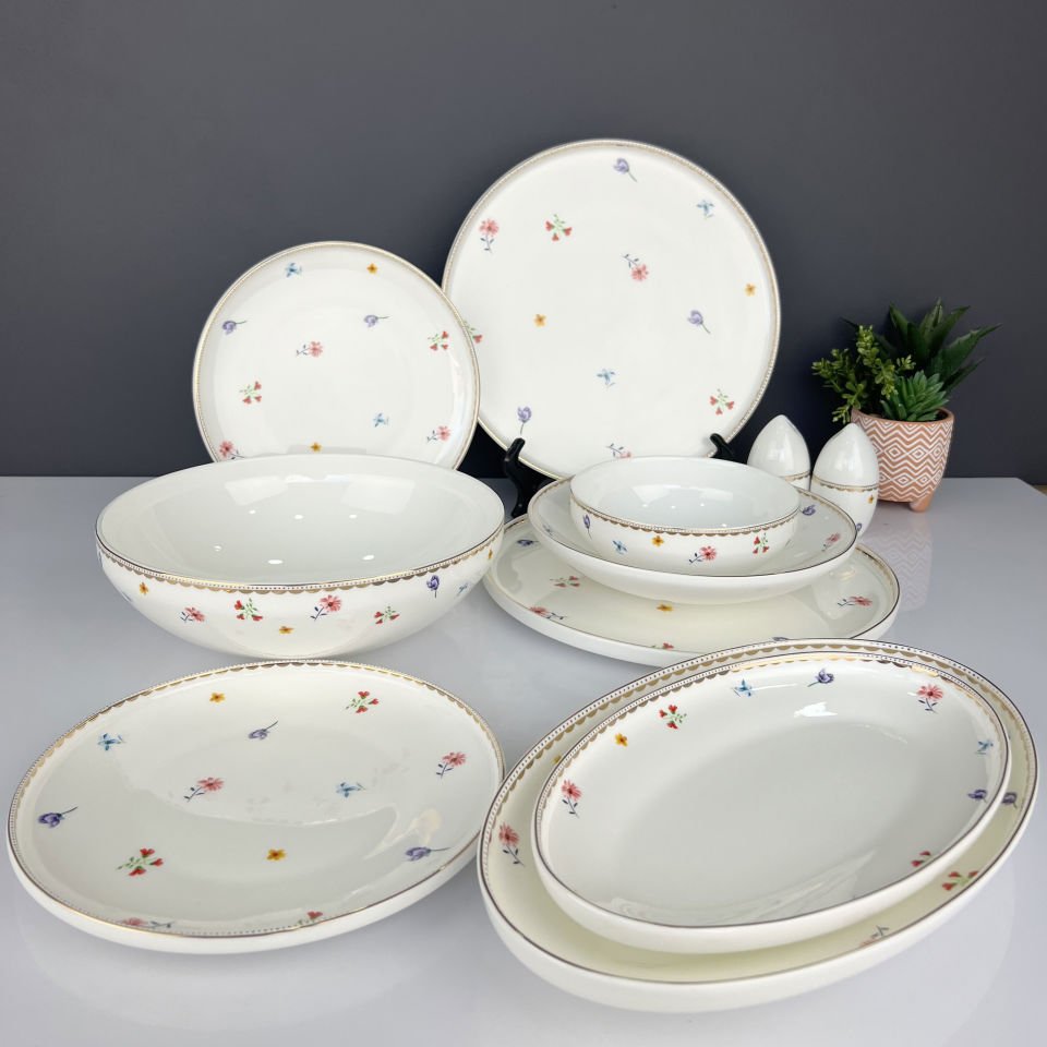 Lüx Porselen Gemma 57 Parça 12 Kişilik Bone China Yemek Takımı