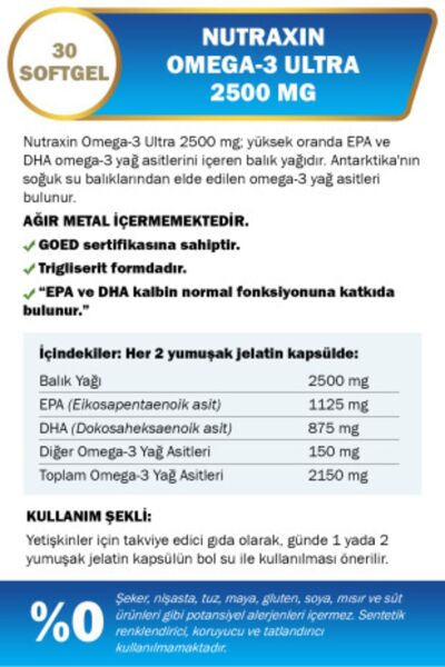 Nutraxin Omega 3 Ultra 2500 Mg 30 Yumuşak Kapsül - EPA DHA GOED