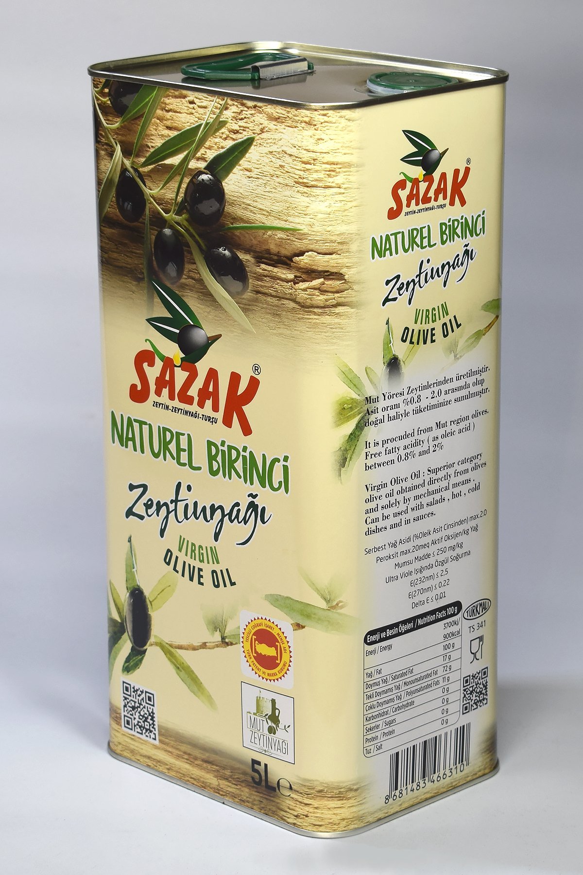 Sazak Naturel Birinci Zeytinyağı 5 LT Teneke Ambalaj (Yeni Sezon 2023-2024)