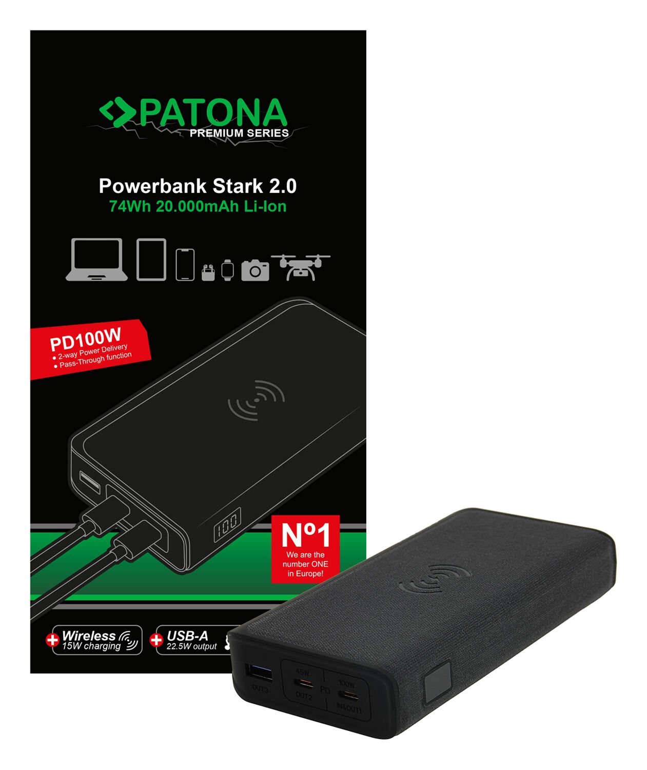 PATONA Premium Powerbank Stark 2.0 PD100W 20000mAh, QI kablosuz şarj, 2xUSB-C 1xUSB-A konektör