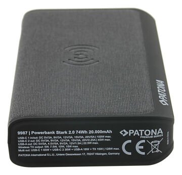 PATONA Premium Powerbank Stark 2.0 PD100W 20000mAh, QI kablosuz şarj, 2xUSB-C 1xUSB-A konektör
