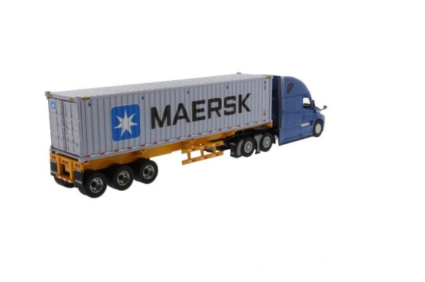 Diecast Masters 71048 1/50 Freightliner New Cascadia Kabinli Çekici, Dorse ve 40 lık Konteyner, Kapıları Açılır, Mavi-Sarı, Sergilemeye Hazır Metal Model