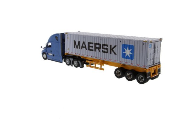 Diecast Masters 71048 1/50 Freightliner New Cascadia Kabinli Çekici, Dorse ve 40 lık Konteyner, Kapıları Açılır, Mavi-Sarı, Sergilemeye Hazır Metal Model
