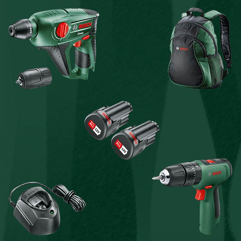 BOSCH DIYmix (Ev & Bahçe Kullanımı) Easy Impact 1200 12 Volt Akülü Darbeli Delme Vidalama + Uneo 12 Volt Akülü 3'ü 1 Arada El Aleti (Vidalama/Delme/Darbeli Delme) (Sırt Çantası İçerisinde)