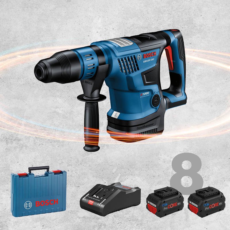 BOSCH GBH 18 V-36 C Profesyonel SDS-Max BITURBO Kömürsüz Motor 18 Volt ProCORE 8,0 Ah Çift Akülü Kırıcı-Delici (Plastik Çanta İçerisinde)