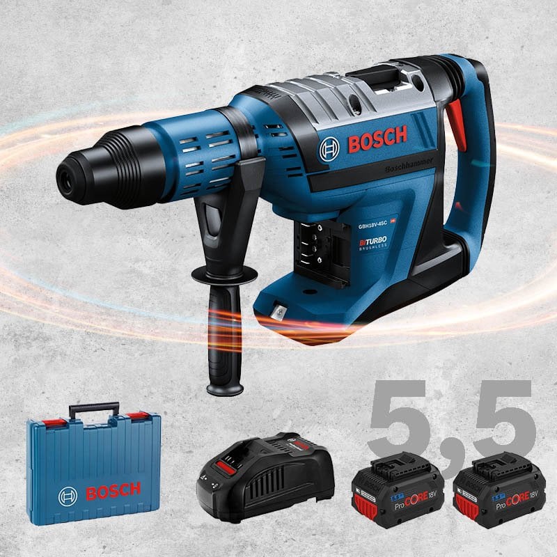 BOSCH GBH 18 V-45 C Profesyonel SDS-Max BITURBO Kömürsüz Motor 18 Volt ProCORE 5,5 Ah Çift Akülü Kırıcı-Delici (Plastik Çanta İçerisinde)