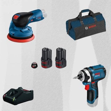 ProMix BOSCH GEX 12 V-125 12 Volt Akülü Eksantrik Zımpara (Kömürsüz Motor) + BOSCH GDR 12V-105 LI Profesyonel Akülü Darbeli Somun Sıkma