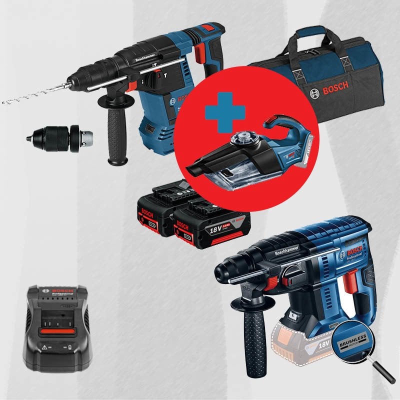 BOSCH GAS 18 V-1 Hediyeli ProMix BOSCH GBH 180-LI (Kömürsüz Motor -  2 Joule - Yeni Nesil) 18 Volt Akülü Kırıcı Delici + BOSCH GBH 18 V-26 F 18 Volt Akülü Kırıcı Delici (Kömürsüz)