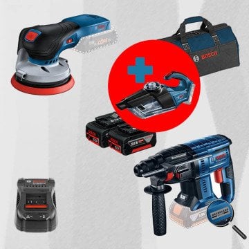 BOSCH GAS 18 V-1 Hediyeli ProMix BOSCH GEX 18 V-125 18 Volt Akülü Eksantrik Zımpara (Kömürsüz Motor) + BOSCH GBH 180-LI (Kömürsüz Motor -  2 Joule - Yeni Nesil) 18 Volt Akülü Kırıcı Delici