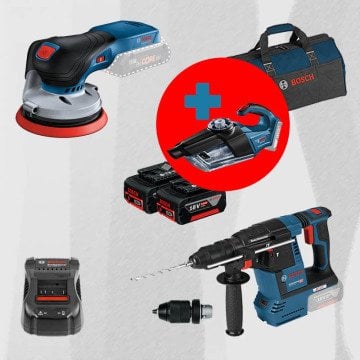 BOSCH GAS 18 V-1 Hediyeli ProMix BOSCH GEX 18 V-125 18 Volt Akülü Eksantrik Zımpara (Kömürsüz Motor) + BOSCH GBH 18 V-26 F 18 Volt Akülü Kırıcı Delici (Kömürsüz)