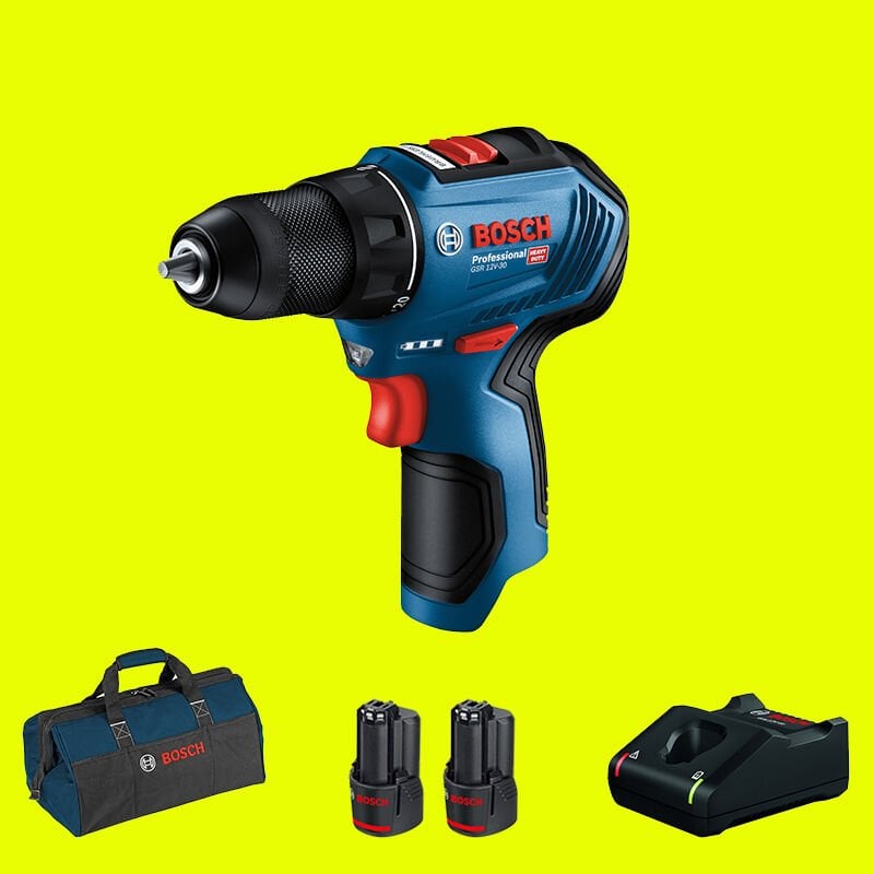 BOSCH GSR 12V-30 Profesyonel 12 Volt 3 Ah Çift Akülü Vidalama (Metal Mandren) (Kömürsüz Motor) (Bez Çanta)