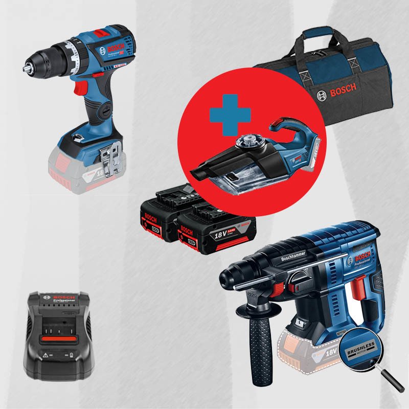 BOSCH GAS 18 V-1 Hediyeli ProMix BOSCH GBH 180-LI (Kömürsüz Motor -  2 Joule - Yeni Nesil) 18 Volt Akülü Kırıcı Delici + BOSCH GSB 18 V-60 C 18 Volt Akülü Darbeli Delme Vidalama (Kömürsüz)