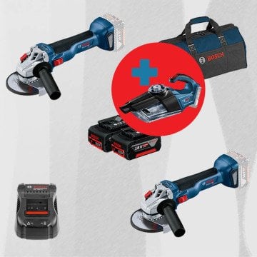 BOSCH GAS 18 V-1 Hediyeli ProMix BOSCH GWS 18 V-10 18 Volt Akülü 125 mm. Avuç Taşlama (1000 W Eşdeğerinde) (Kömürsüz) + BOSCH GWS 18 V-10 18 Volt Akülü 125 mm. Avuç Taşlama (1000 W Eşdeğerinde) (Kömürsüz)