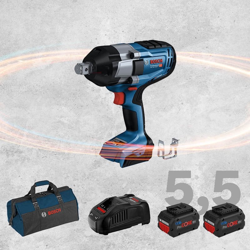 BOSCH GDS 18 V-1050 H Profesyonel 3/4 Kare Girişli BITURBO Kömürsüz Motor 18 Volt ProCORE 5,5 Ah Çift Akülü Somun Sıkma (Bez Çanta İçerisinde)