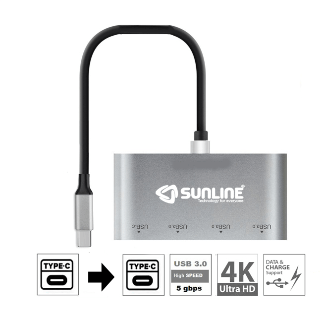 Sunline 170678 Type-C USB 3.0 X3/PD Şarj/Type-C Dönüştürücü Çoklayıcı