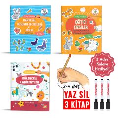 2-4 Yaş Yaz-Sil Etkinlik Kitabı Seti (Eğlenceli Labirentler, Mantıksal Düşünme Becerileri ve Dikkat, Eğitici Çizgiler)