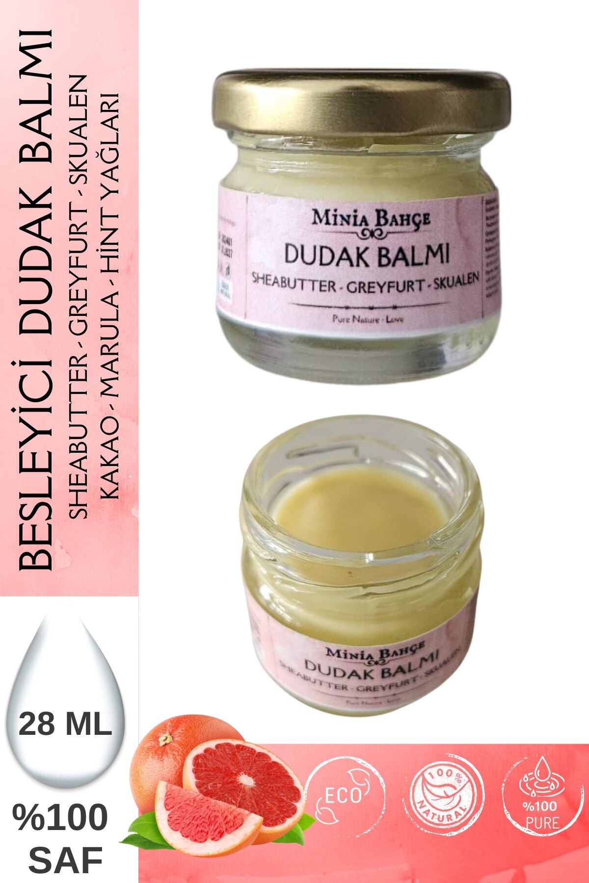 Dudak Koruyucu Balm, Greyfurt. %100 Saf ve Doğal, 28gr