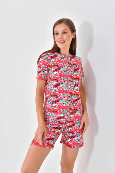 %100 Pamuk Pijama Takımı - Kırmızı Desenli