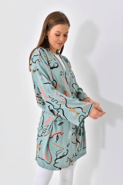 Desenli Viskon Kimono - Su Yeşili