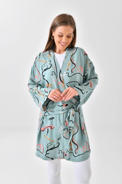 Desenli Viskon Kimono - Su Yeşili