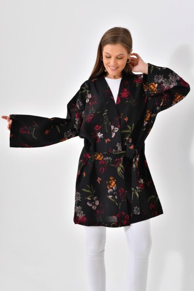 Floral Viskon Kimono - Siyah