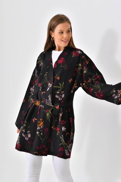 Floral Viskon Kimono - Siyah