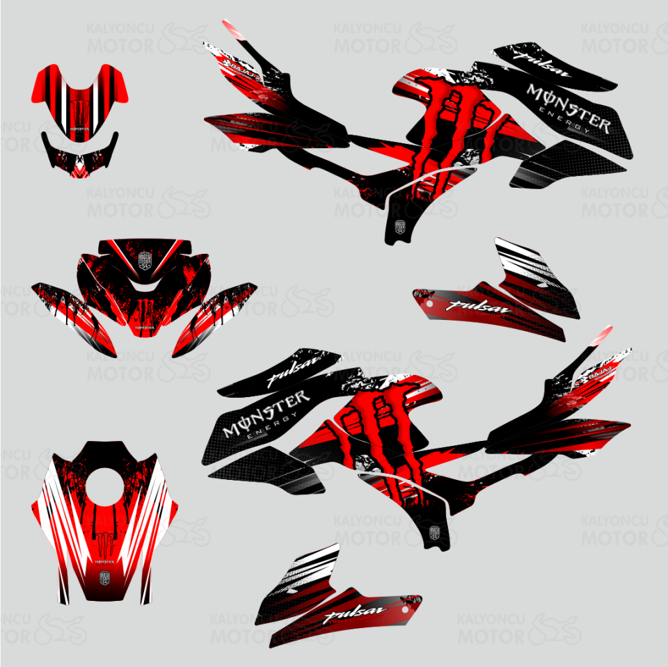 Bajaj Pulsar N 250 Monster Energy Desing Sticker Set Siyah Kırmızı Beyaz