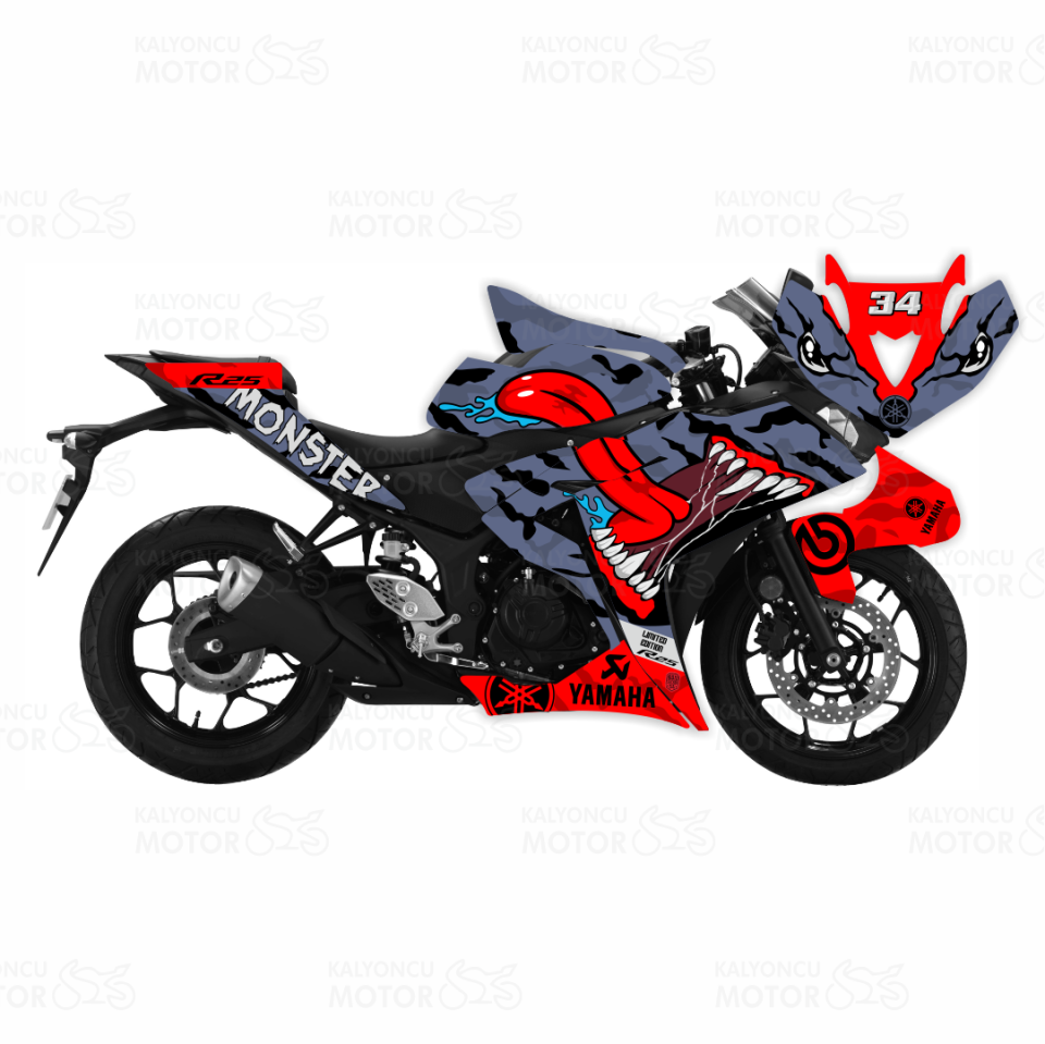 Yamaha YZF R25 Asphalt Monster Desing Sticker Set Mavi-Kırmızı 34