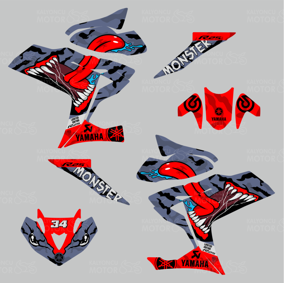 Yamaha YZF R25 Asphalt Monster Desing Sticker Set Mavi-Kırmızı 34