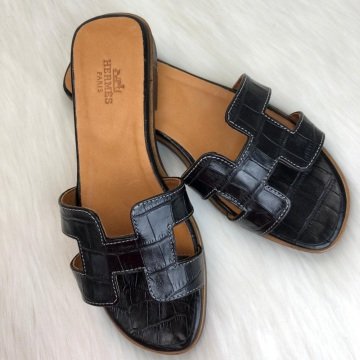 HERMES ORAN SANDALS KROKO DESENLİ %100 HAKİKİ DERİ SİYAH