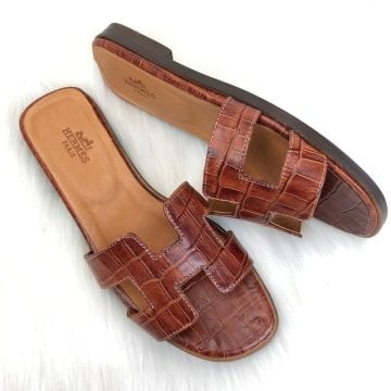 HERMES ORAN SANDALS KROKO DESENLİ %100 HAKİKİ DERİ TABA