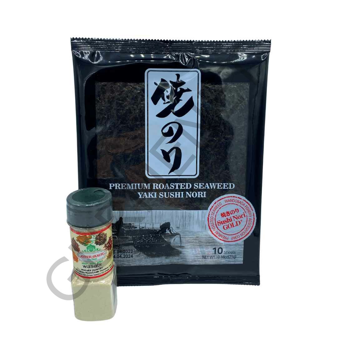 Seafood Sushi Yosunu Yaki Sushi Nori Gold Premium 10 Yaprak + Wasabi Toz 60 Gr.