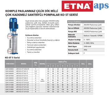 Etna APS KO-ST 5/7-15  2Hp 380V Komple Paslanmaz Çelik Dik Milli Çok Kademeli Kompakt Yapılı Yüksek Verimli Santrifüj Pompa -Aisi 304-(2900 d/dk)