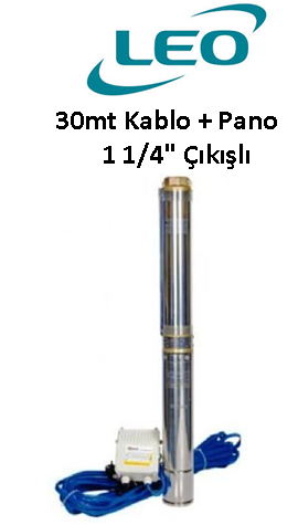 LEO 4XRM 4-10-0.75 1HP 1 1/4'' Çıkışlı 30mt + Kum. Pano Derin Kuyu Dalgıç Pompası