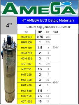 Amega MGT 300  3Hp 380V 4'' Döküm Yağ Çemberli Derin Kuyu Sondaj Dalgıç Motor (Eco motor)