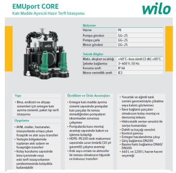 WİLO EMUport CORE 20.2-10/540   380V KATI MADDE AYIRICILI HAZIR PAKET TİP ATIK SU FOSEPTİK TERFİ İSTASYONU (BİNA-ENDÜSTRİ-ALTYAPI SİSTEMLERİ İÇİN) - Panosuz