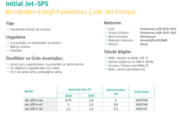 Wilo Initial Jet-SPS 4-44 1hp 220v Paslanmaz Gövdeli Jet Pompa