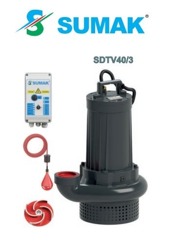 Sumak SDTV40/3 4Hp 380V Açık Fanlı Drenaj ve Pis Su Dalgıç Pompa